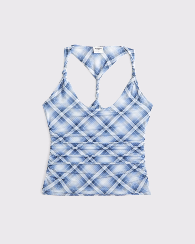 Knotted Halter Top(blue plaid,XXS)