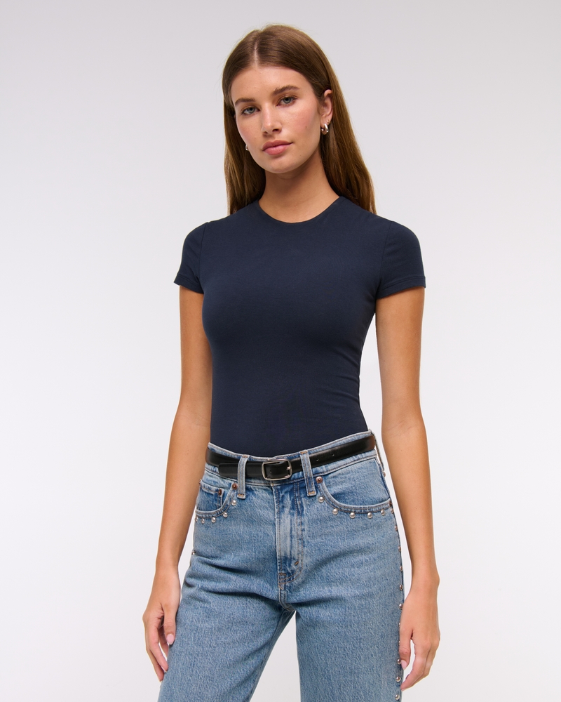 Short-Sleeve Cotton-Blend Seamless Fabric Crew Bodysuit
