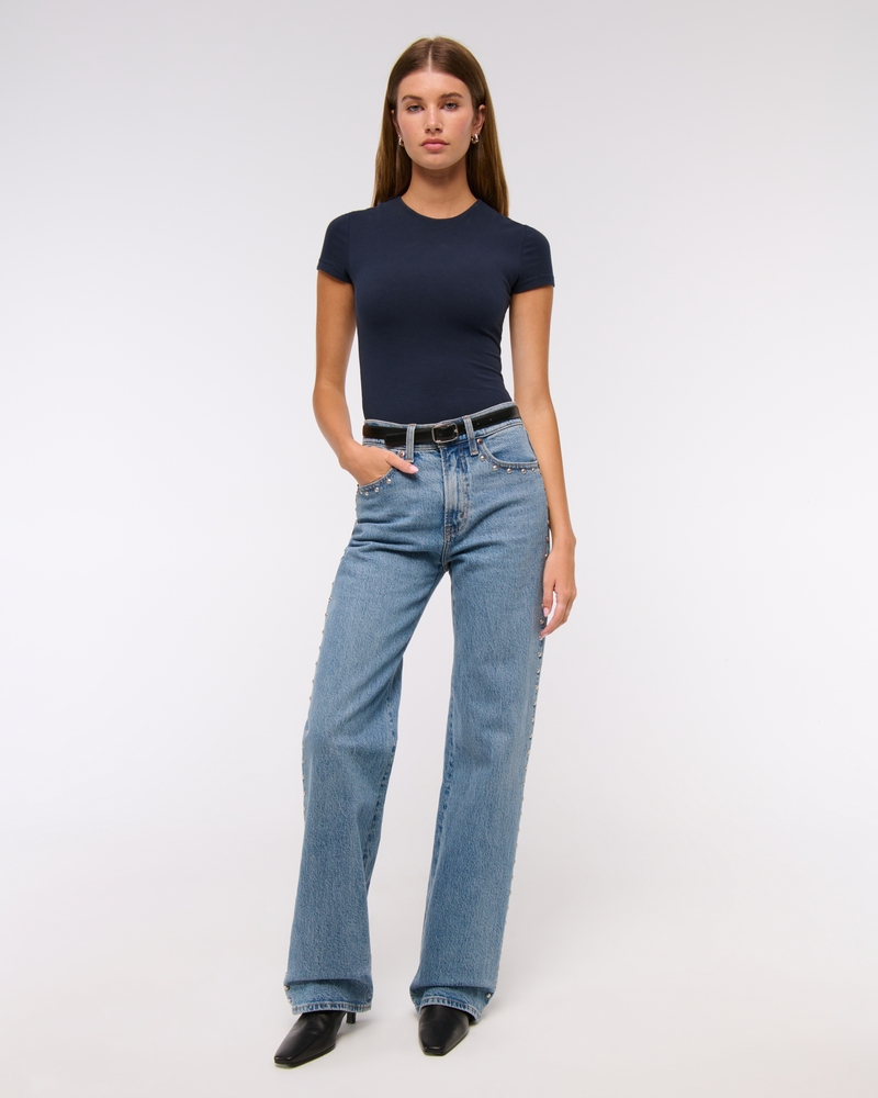 Short-Sleeve Cotton-Blend Seamless Fabric Crew Bodysuit(dark indigo,XXS)