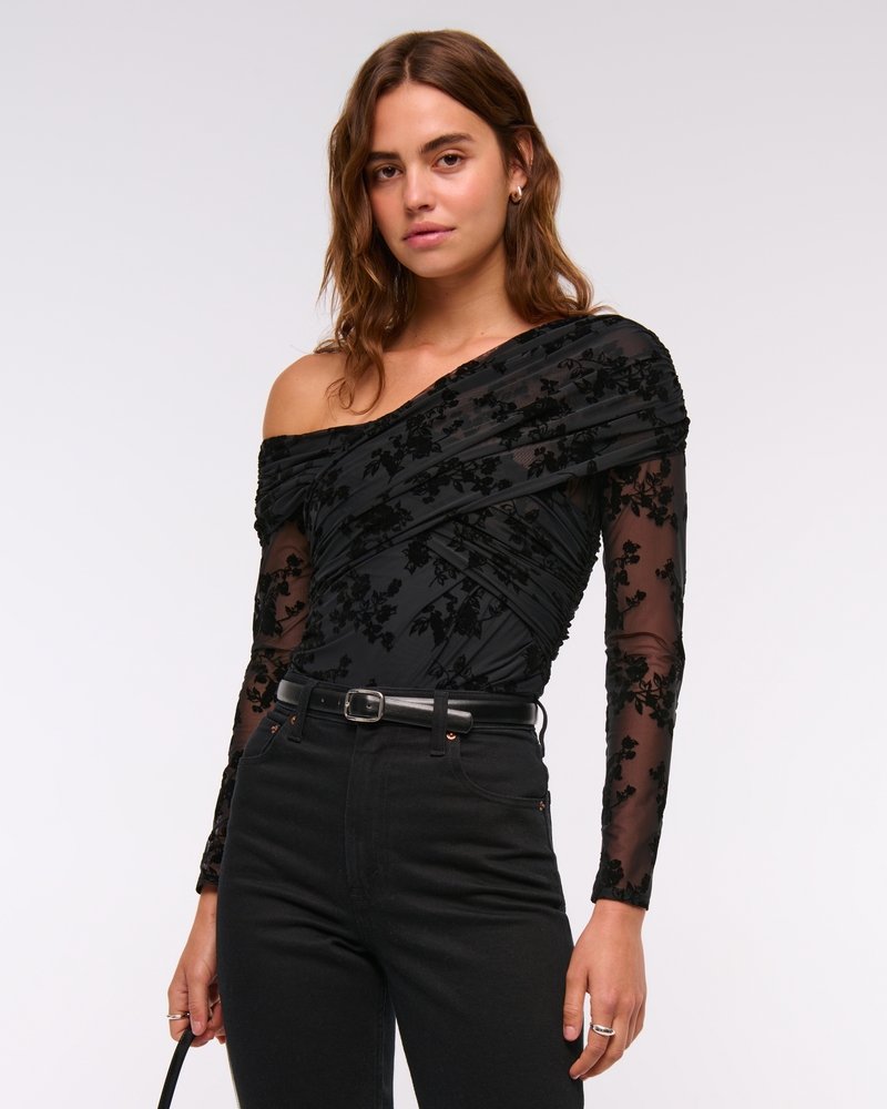 Long-Sleeve Wrap Mesh Bodysuit(black,XXS)