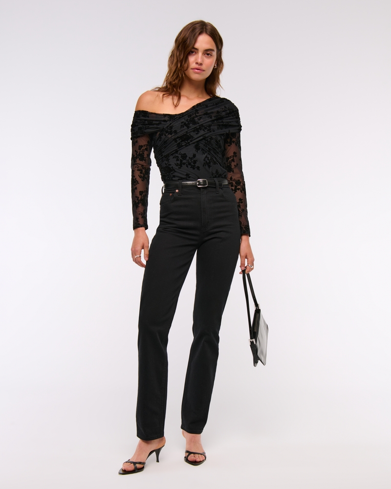 Long-Sleeve Wrap Mesh Bodysuit(black,XXS)