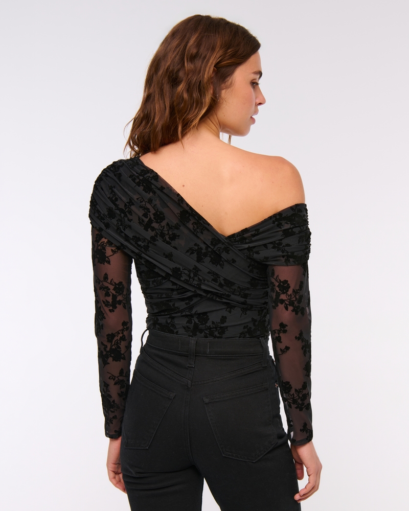 Long-Sleeve Wrap Mesh Bodysuit(black,XXS)