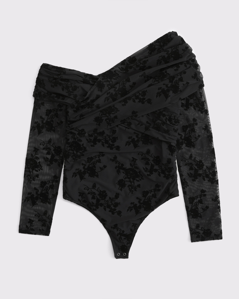Long-Sleeve Wrap Mesh Bodysuit(black,XXS)