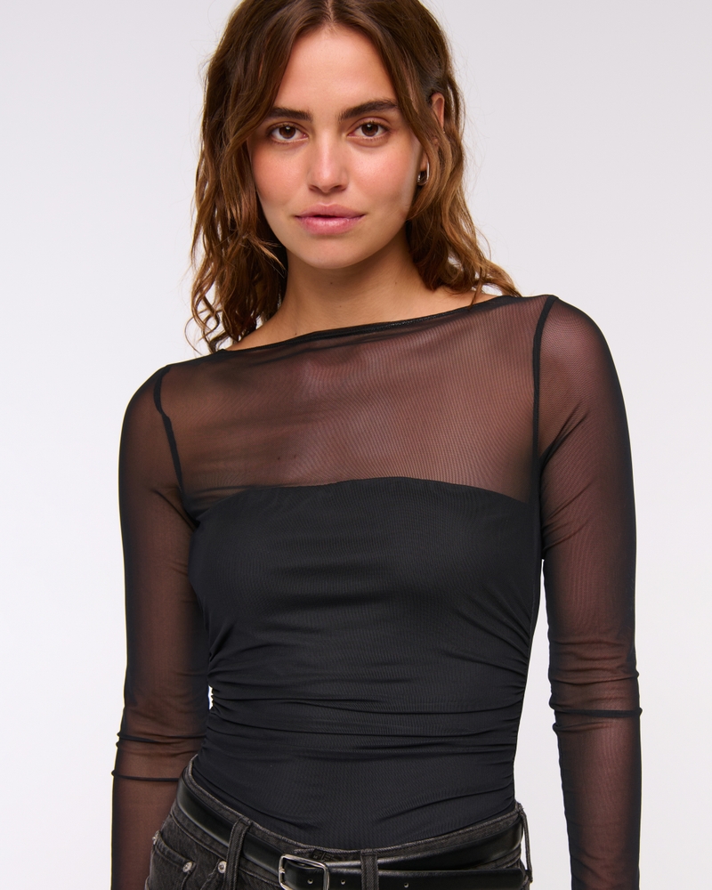 Bra-Free Open-Back Mesh Bodysuit(black,XXS)