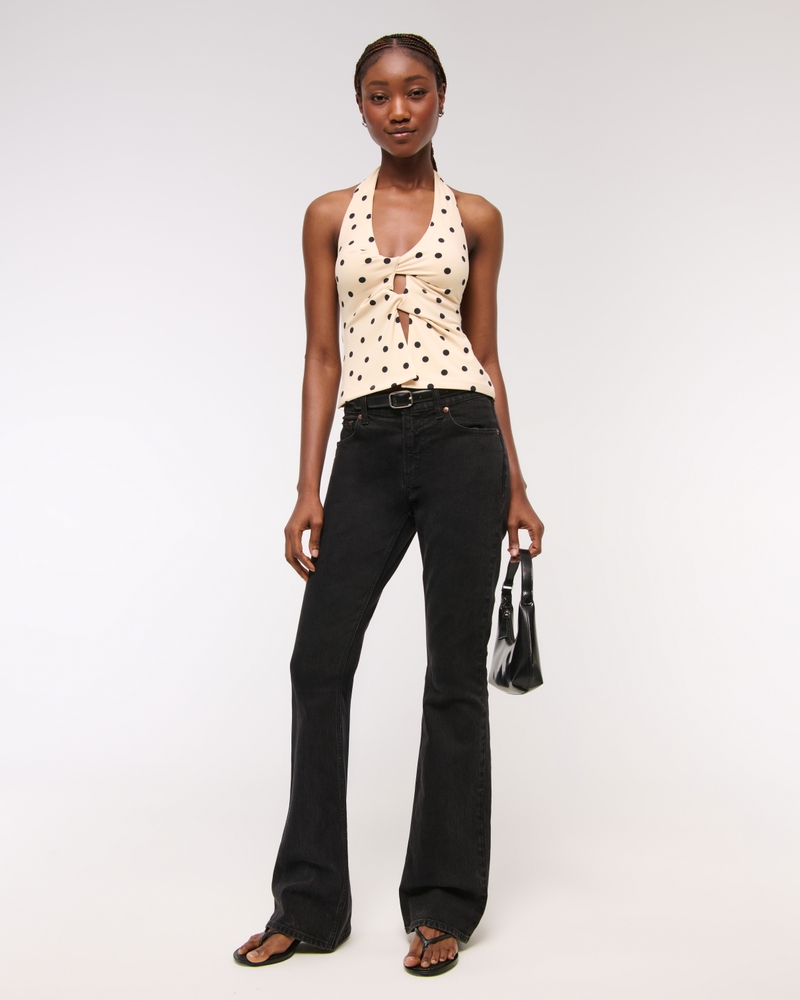 Bra-Free Twist Halter Cutout Top(cream polka dot,XXS)