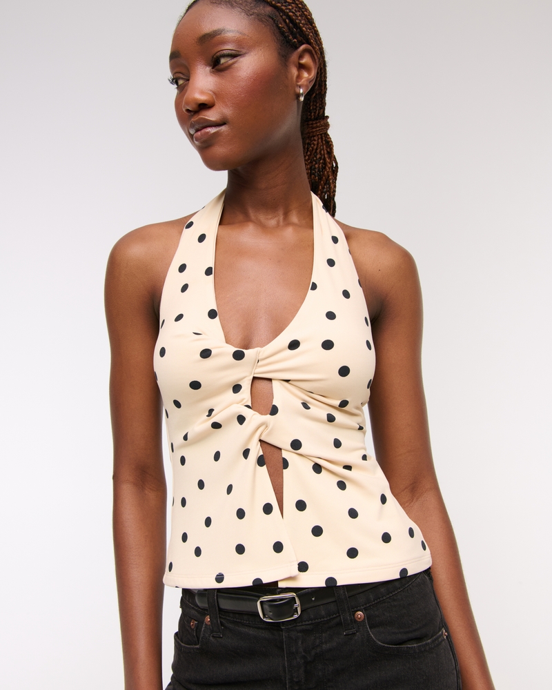 Bra-Free Twist Halter Cutout Top(cream polka dot,XXS)