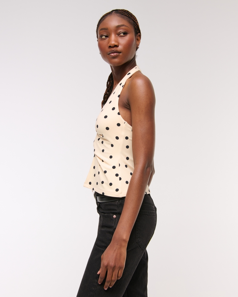 Bra-Free Twist Halter Cutout Top(cream polka dot,XXS)