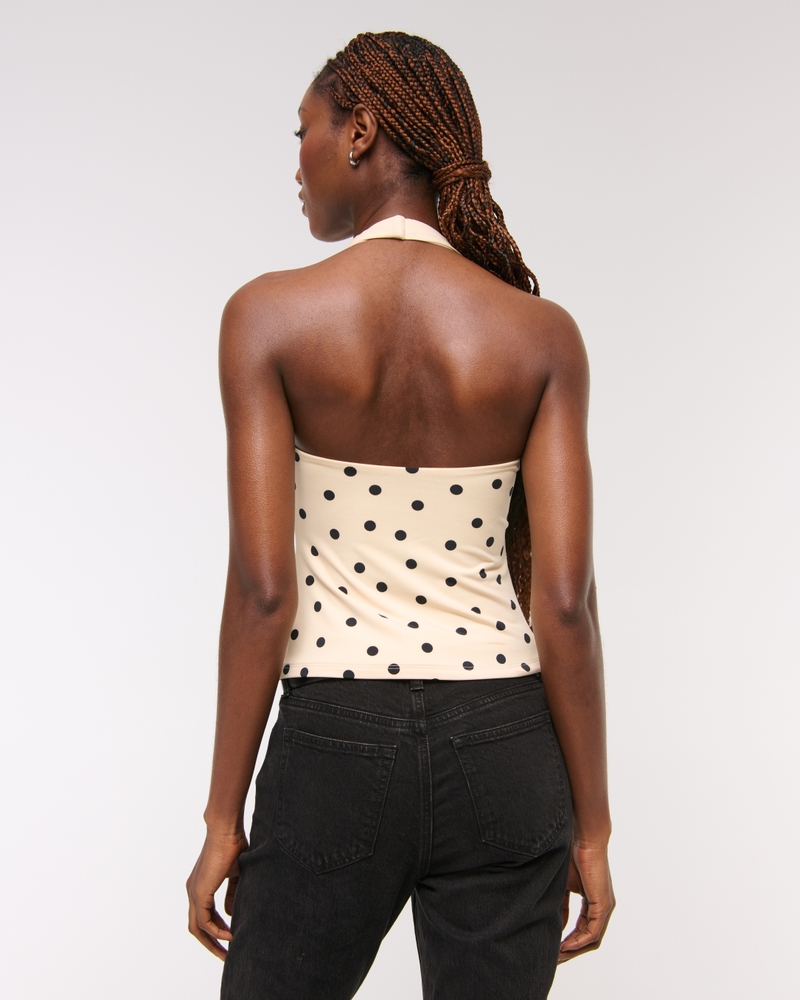 Bra-Free Twist Halter Cutout Top(cream polka dot,XXS)