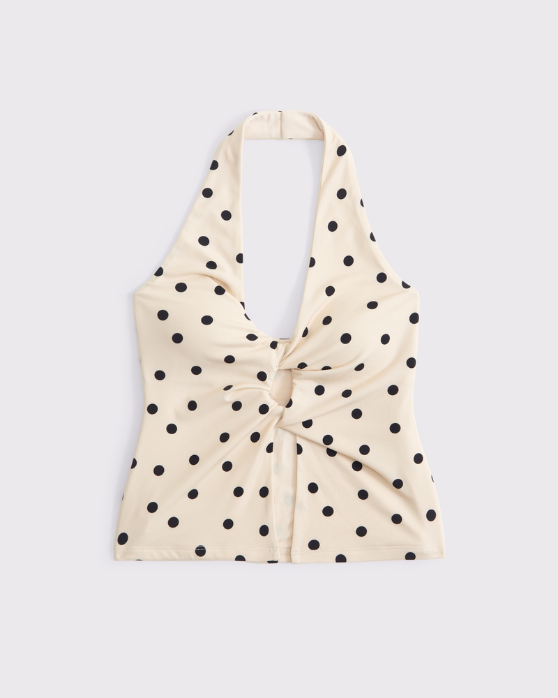 Bra-Free Twist Halter Cutout Top(cream polka dot,XXS)