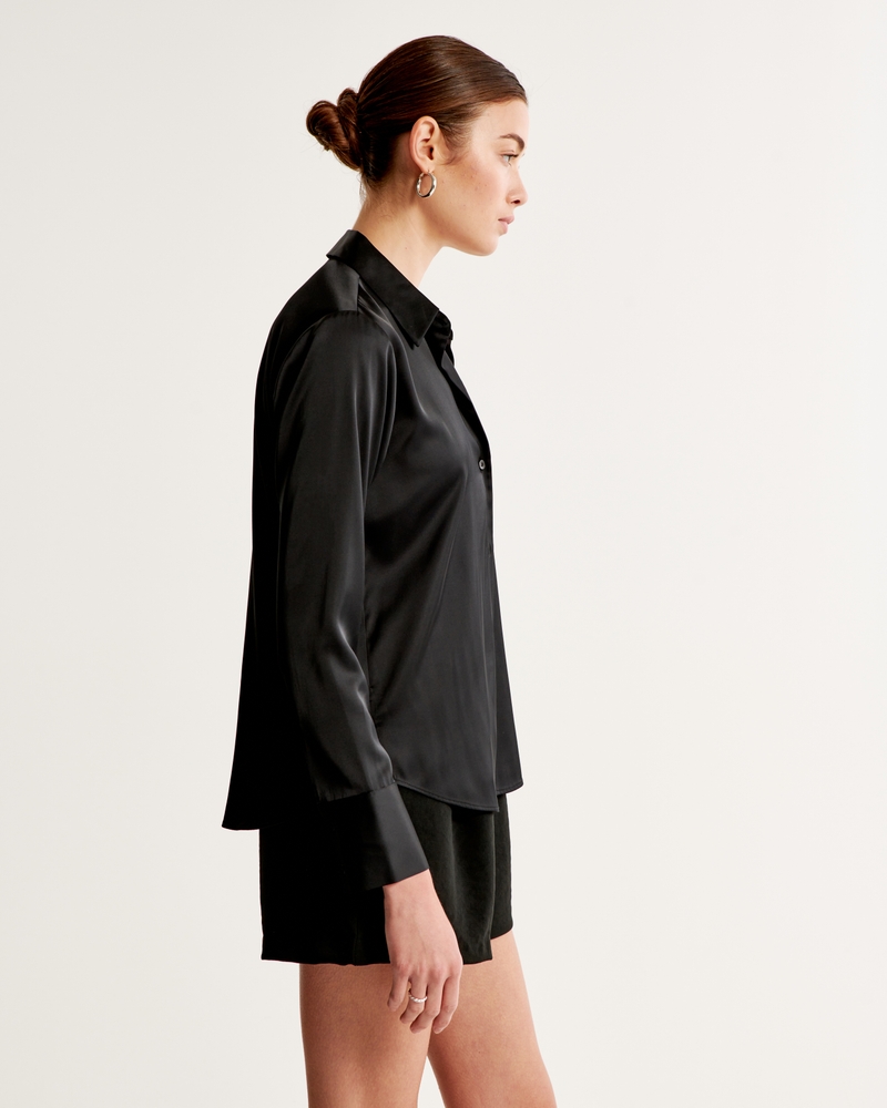 Long-Sleeve Satin Button-Up Shirt(black,XXS)