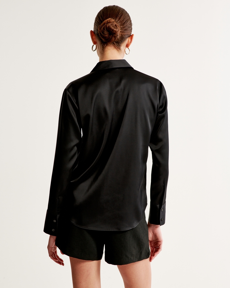 Long-Sleeve Satin Button-Up Shirt(black,XXS)