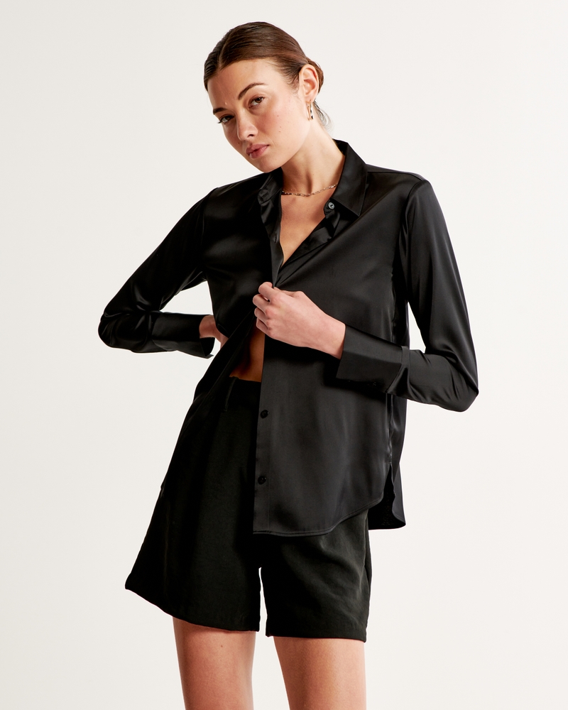 Long-Sleeve Satin Button-Up Shirt(black,XXS)