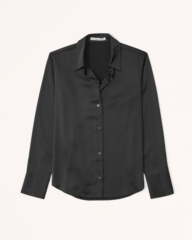 Long-Sleeve Satin Button-Up Shirt(black,XXS)