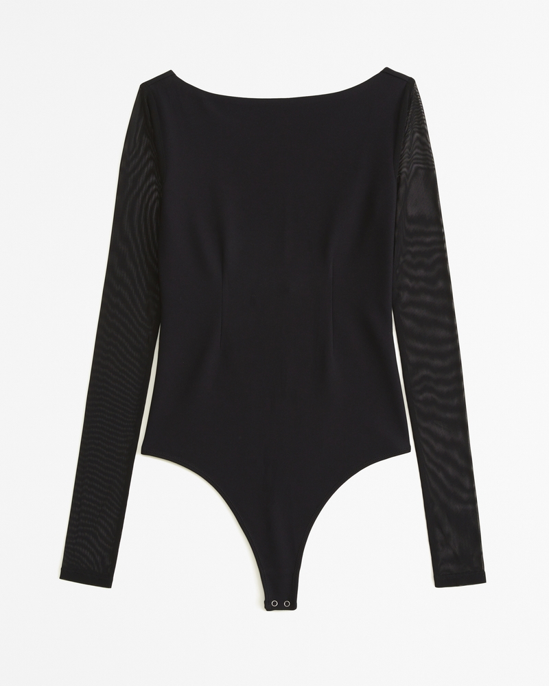 Long-Sleeve Mesh Crepe Shell Bodysuit(black,XXS)