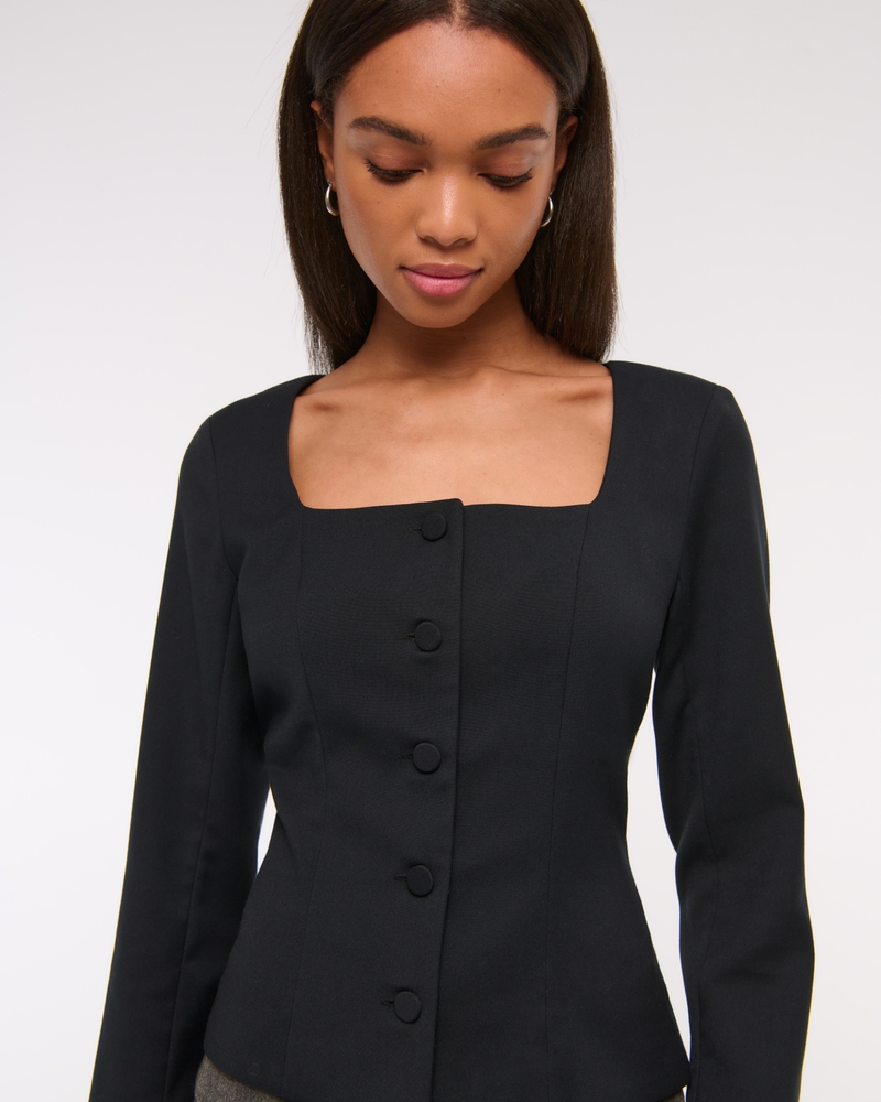 Long-Sleeve Squareneck Tailored Vest(black,XXS)