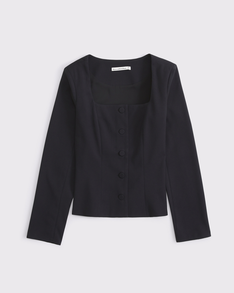 Long-Sleeve Squareneck Tailored Vest(black,XXS)