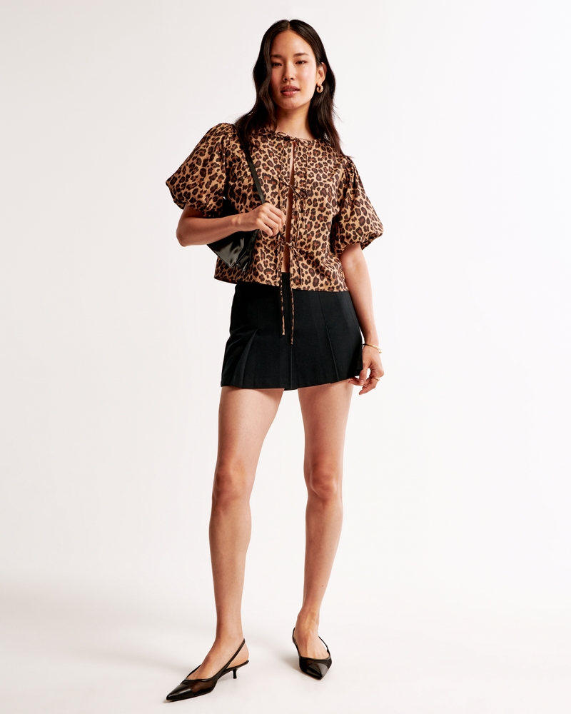 Short-Sleeve Tie-Front Top(leopard,XXS)