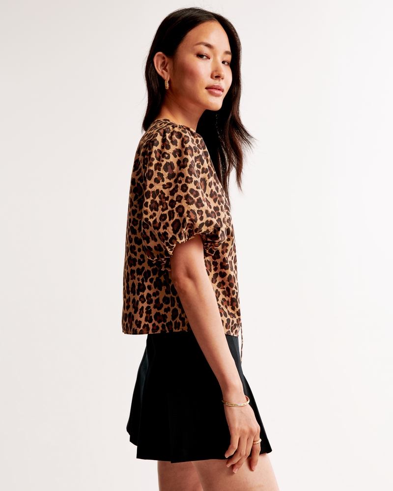 Short-Sleeve Tie-Front Top(leopard,XXS)