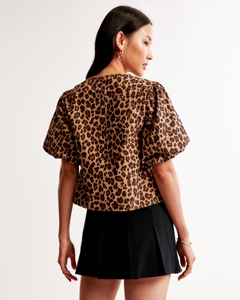 Short-Sleeve Tie-Front Top(leopard,XXS)