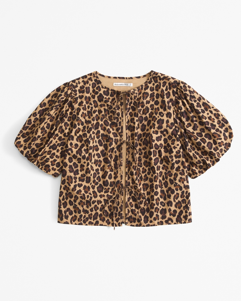 Short-Sleeve Tie-Front Top(leopard,XXS)