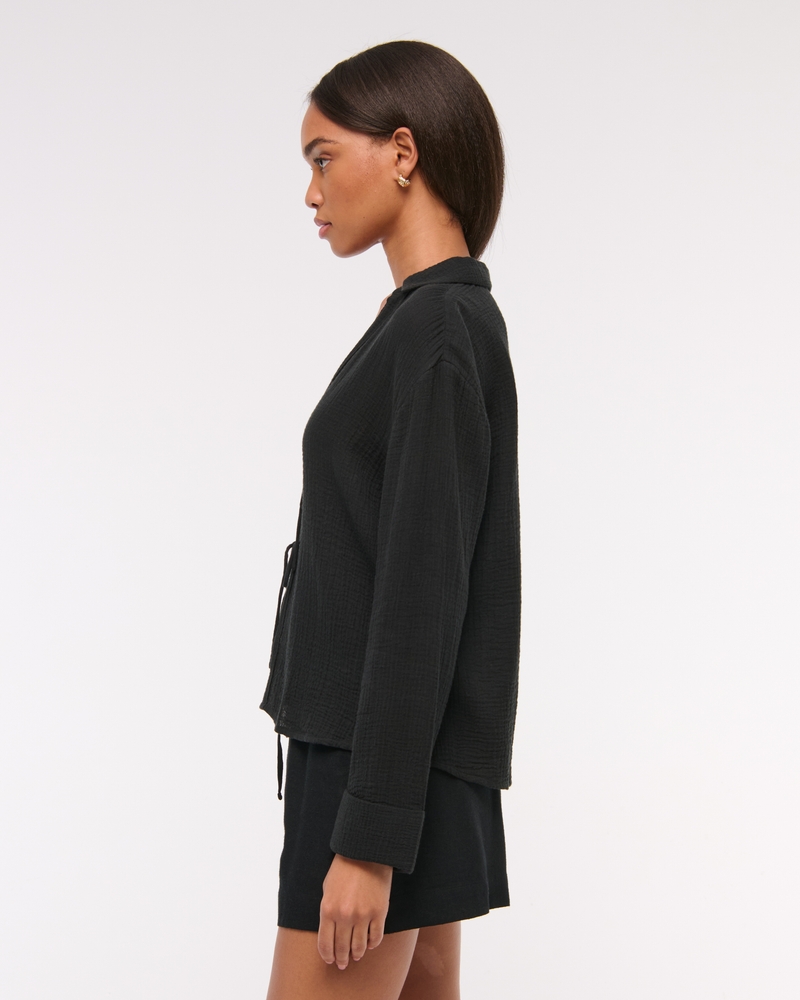 Long-Sleeve Oversized Tie-Front Gauzy Shirt(black,XXS)