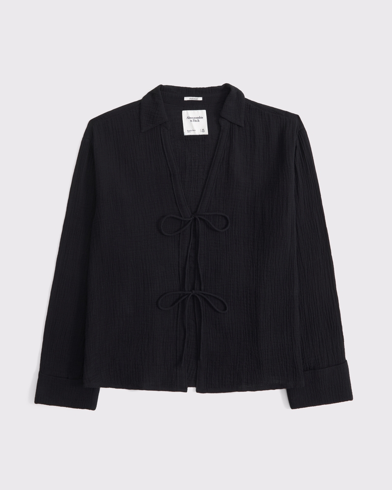 Long-Sleeve Oversized Tie-Front Gauzy Shirt(black,XXS)