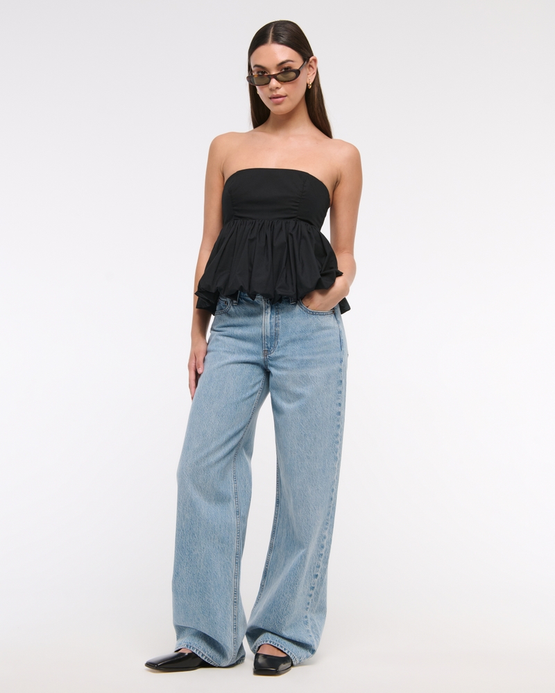 Strapless Bubble Hem Top(black,XXS)