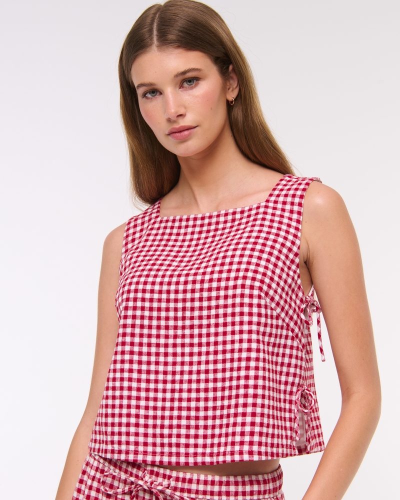Apron Linen-Blend Set Top(red gingham,XXS)
