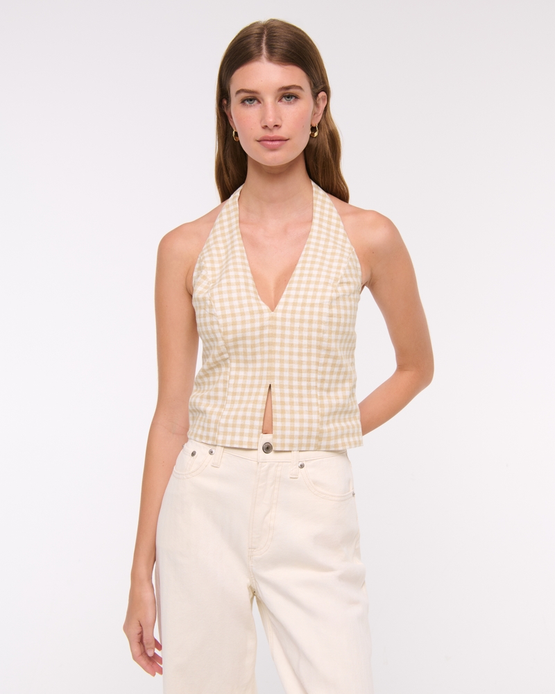 Linen-Blend Tailored Halter Vest