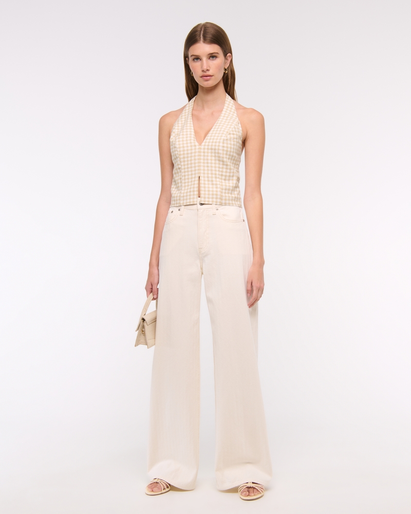 Linen-Blend Tailored Halter Vest(light brown gingham,XXS)