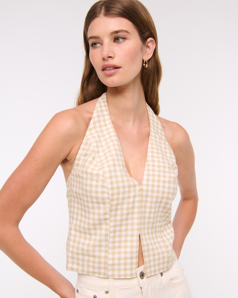Linen-Blend Tailored Halter Vest(light brown gingham,XXS)