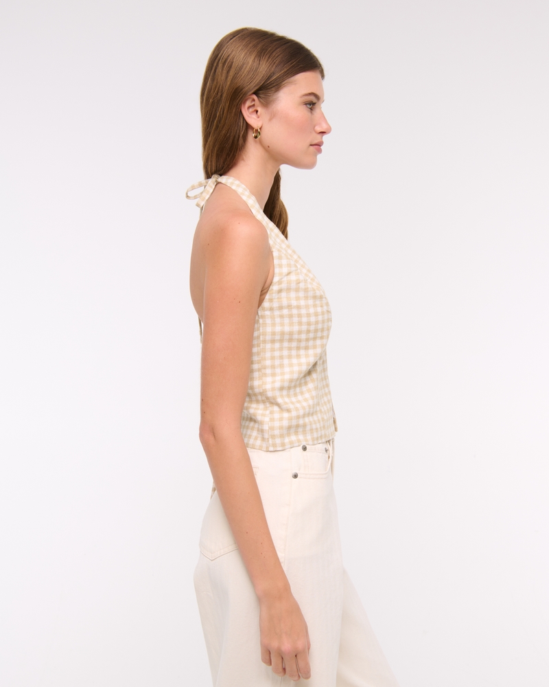 Linen-Blend Tailored Halter Vest(light brown gingham,XXS)