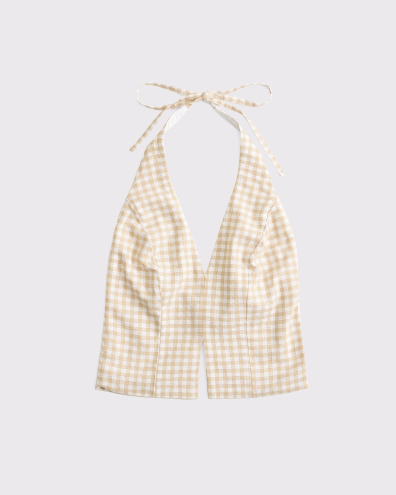 Linen-Blend Tailored Halter Vest(light brown gingham,XXS)