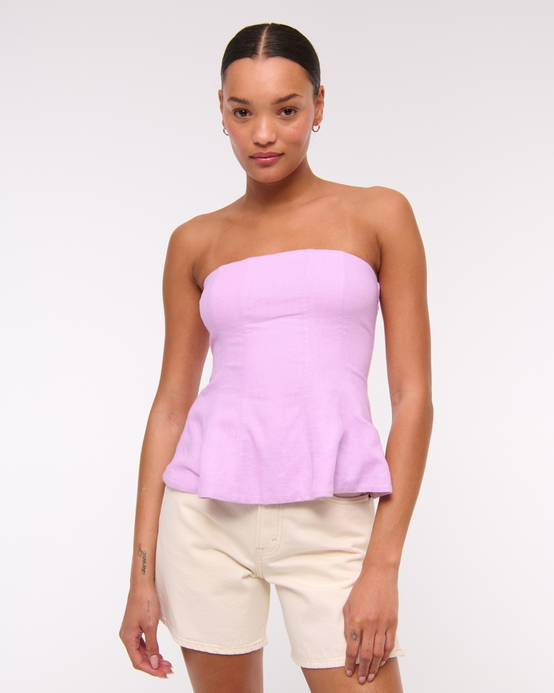 Linen-Blend Strapless Peplum Top