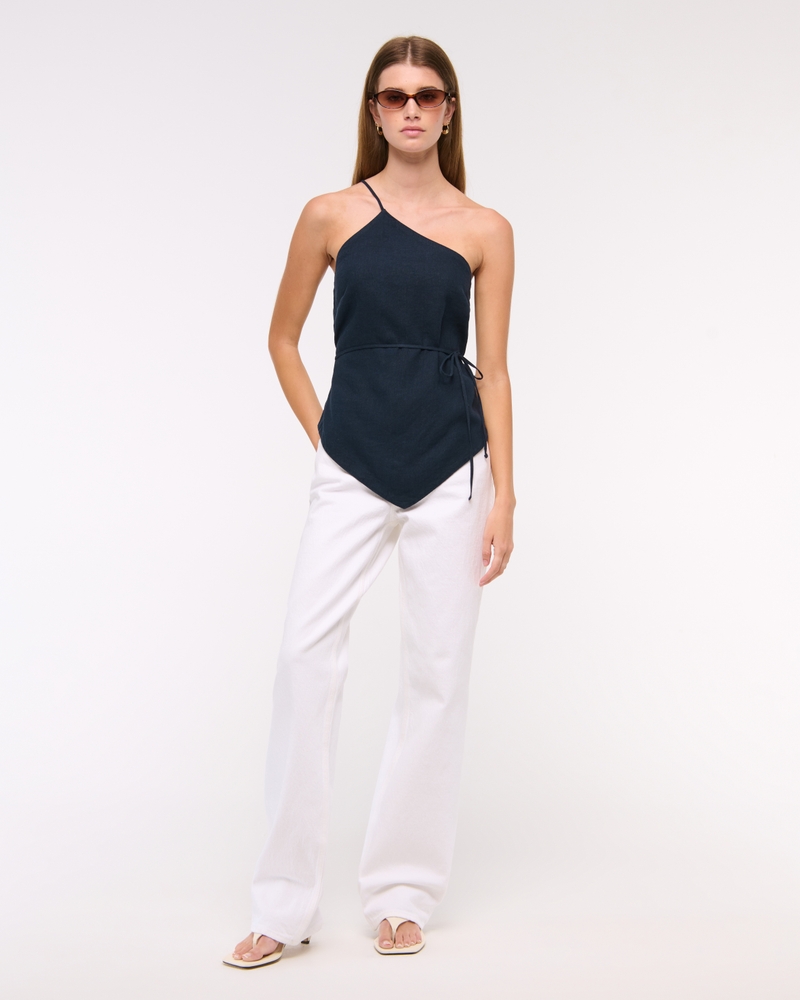 One-Shoulder Asymmetrical Linen-Blend Top(dark indigo,XXS)