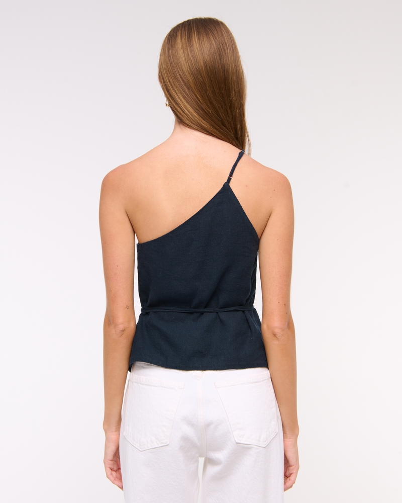 One-Shoulder Asymmetrical Linen-Blend Top(dark indigo,XXS)