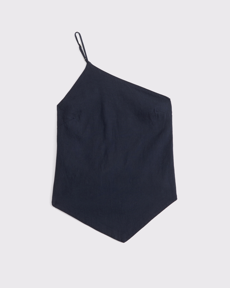 One-Shoulder Asymmetrical Linen-Blend Top(dark indigo,XXS)
