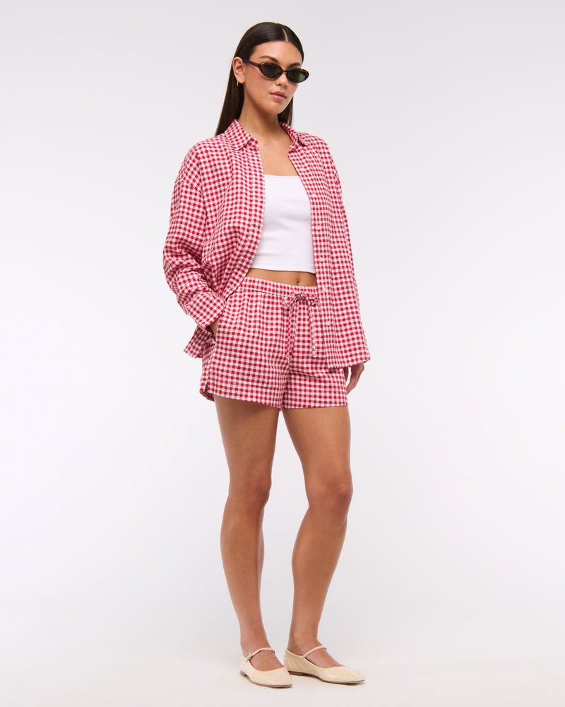 Oversized Linen-Blend Shirt(red gingham,XXS)