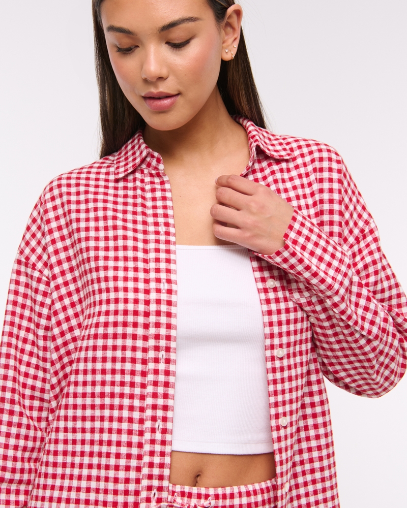Oversized Linen-Blend Shirt(red gingham,XXS)