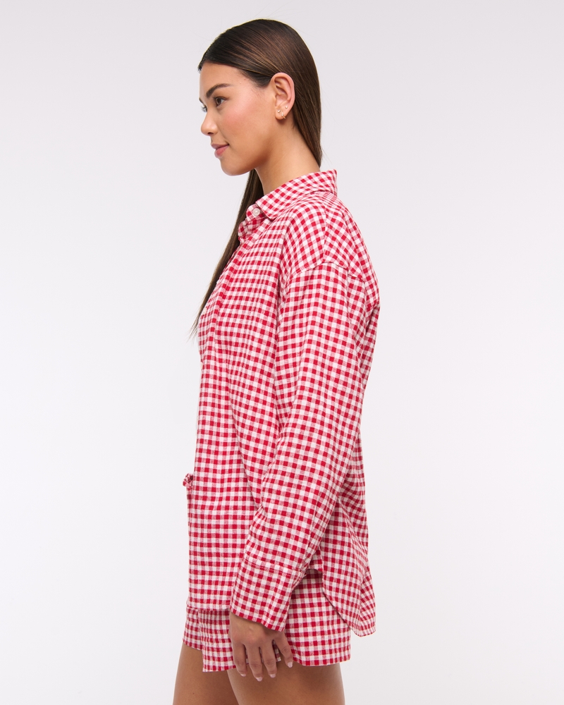 Oversized Linen-Blend Shirt(red gingham,XXS)