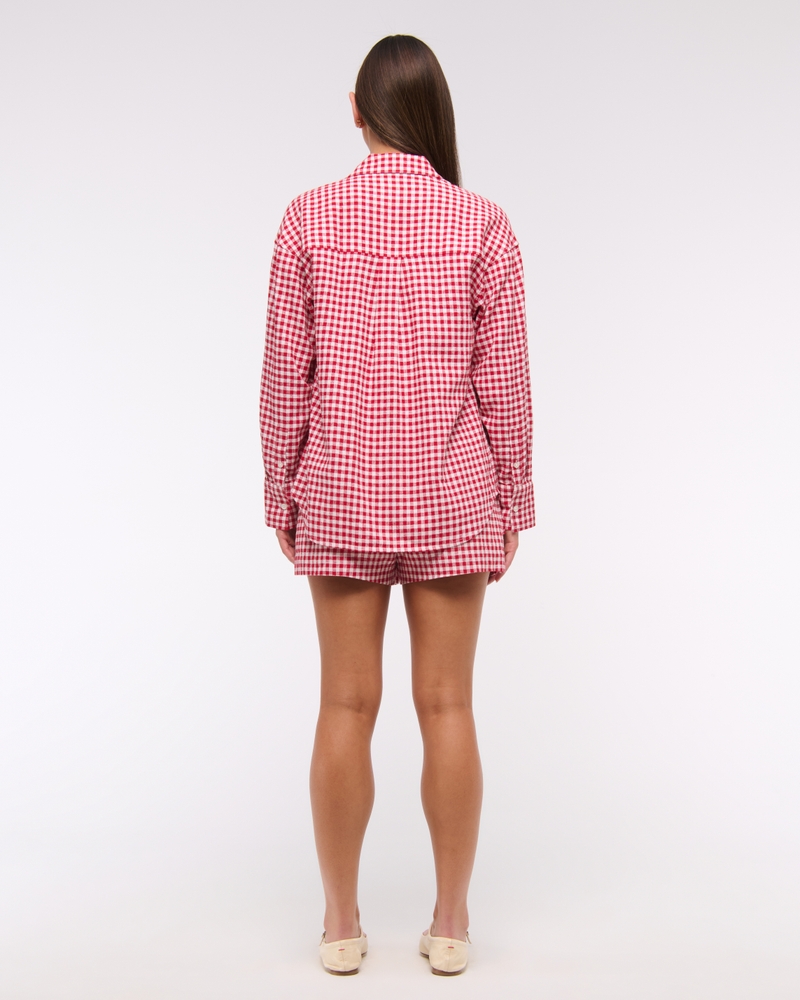 Oversized Linen-Blend Shirt(red gingham,XXS)