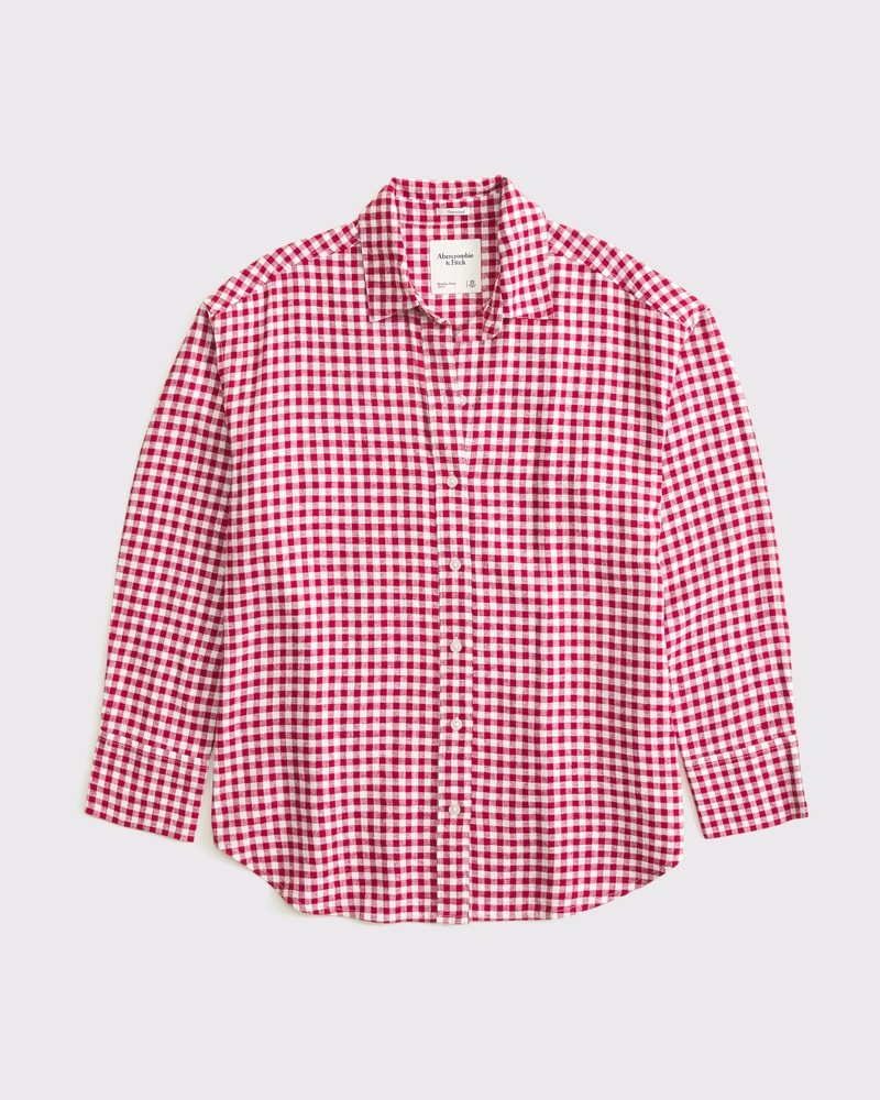 Oversized Linen-Blend Shirt(red gingham,XXS)