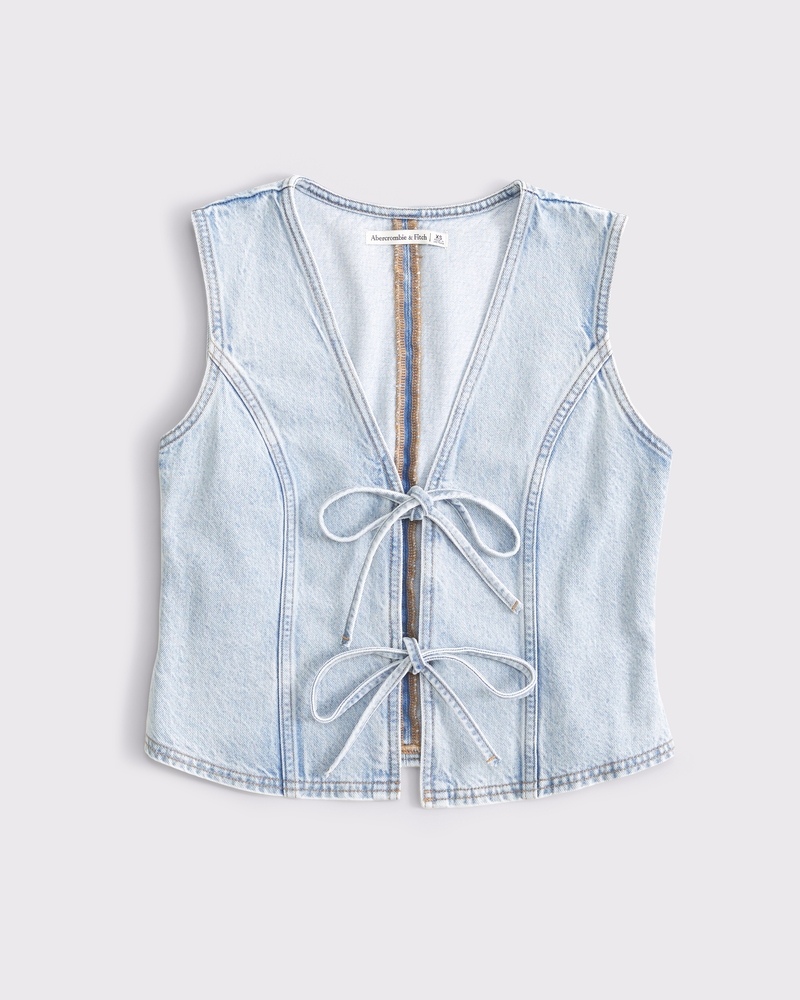 Tie-Front Denim Vest(light wash,XXS)