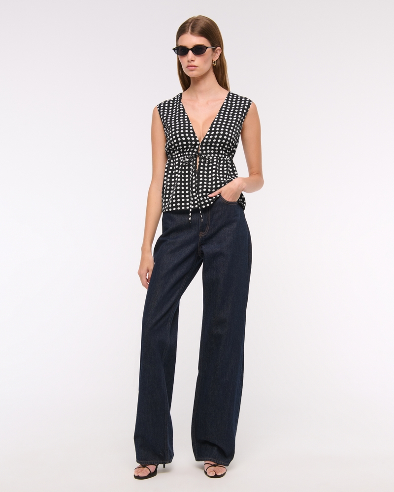 Plunge Tie-Front Top(black dot,XXS)