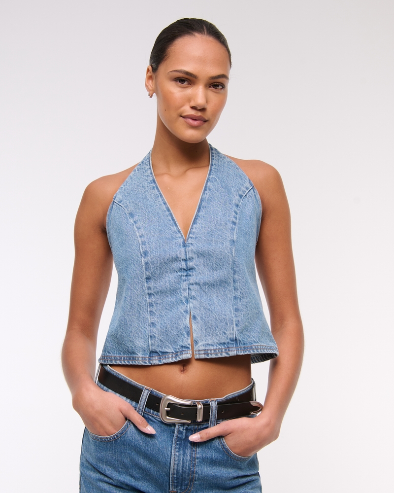 Denim Halter Vest(medium wash,XXS)