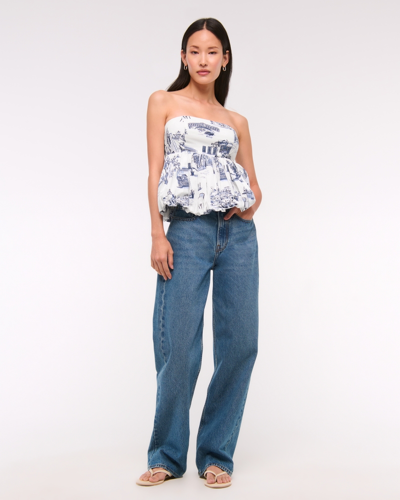 Strapless Bubble Hem Top(blue print,XXS)