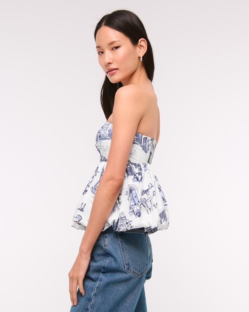 Strapless Bubble Hem Top(blue print,XXS)