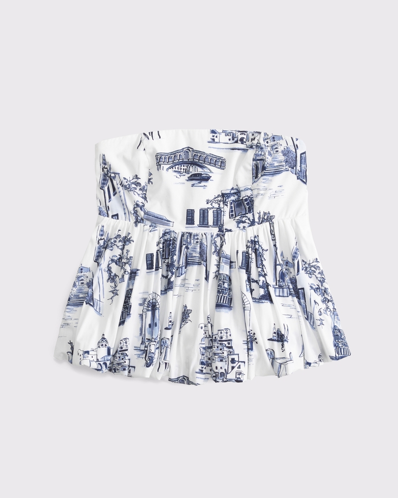 Strapless Bubble Hem Top(blue print,XXS)