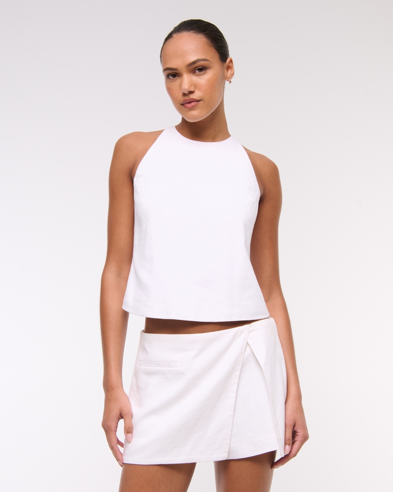Linen-Blend Open-Back Set Top(white,XXS)