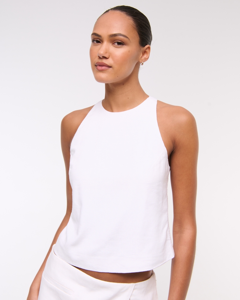 Linen-Blend Open-Back Set Top(white,XXS)
